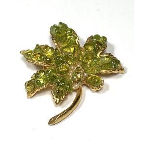Leaf Brooch Pin Vintage Green Stones Faux Pearls Gold Tone Estate